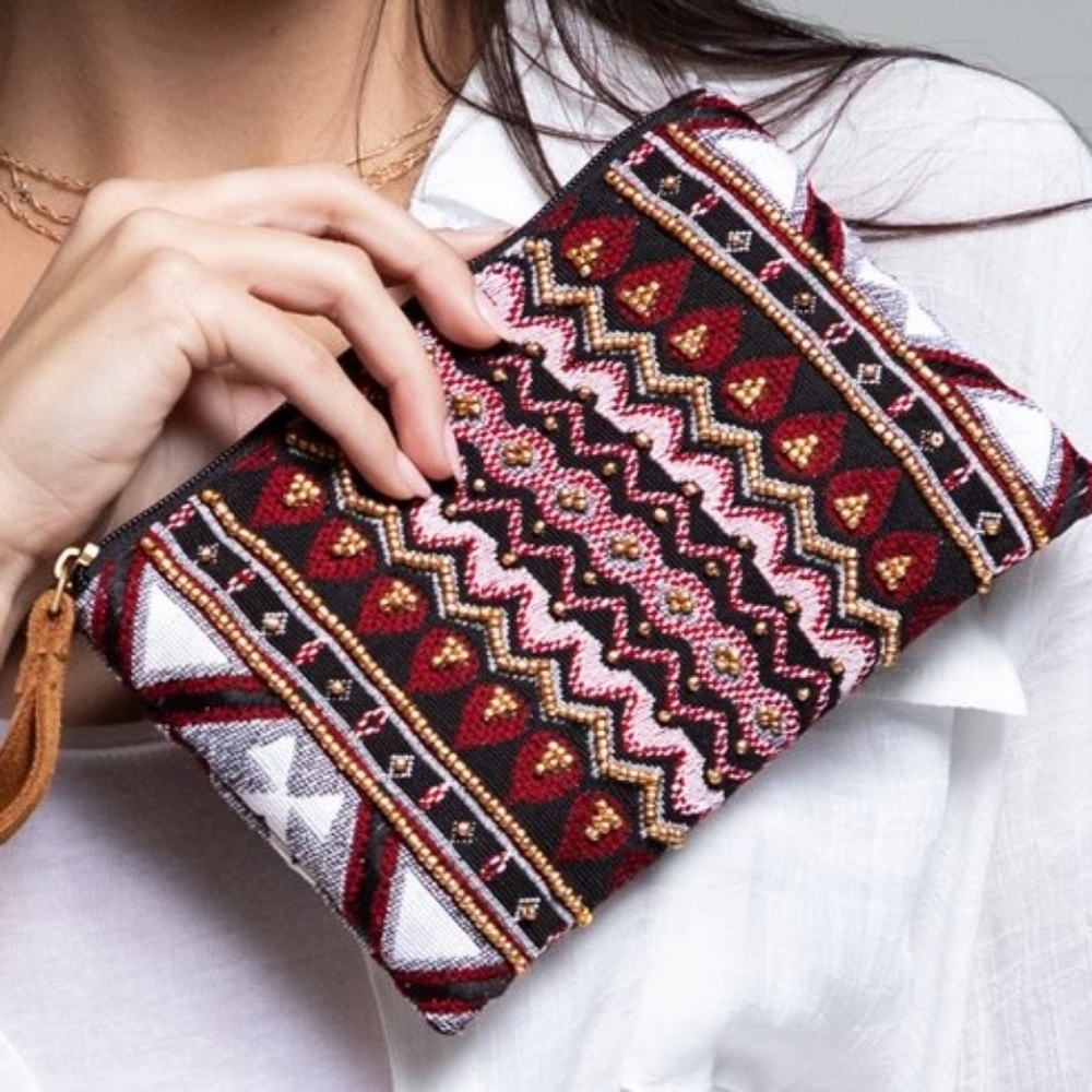 Handmade Hand Beaded Wristlet Clutch - Ethnic Inspired Design - Dyed Fine Cotton